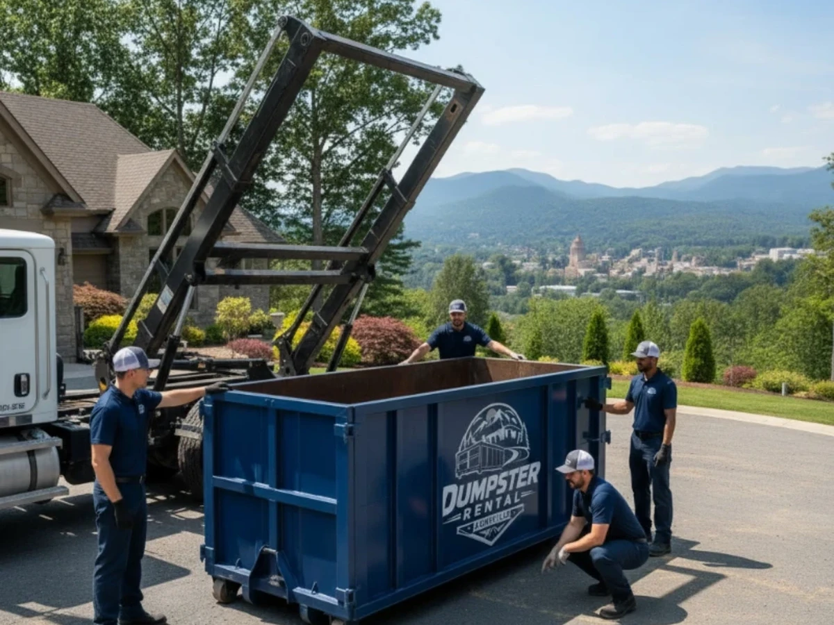 Dumpster loaded with kitchen and bath renovation debris in Asheville