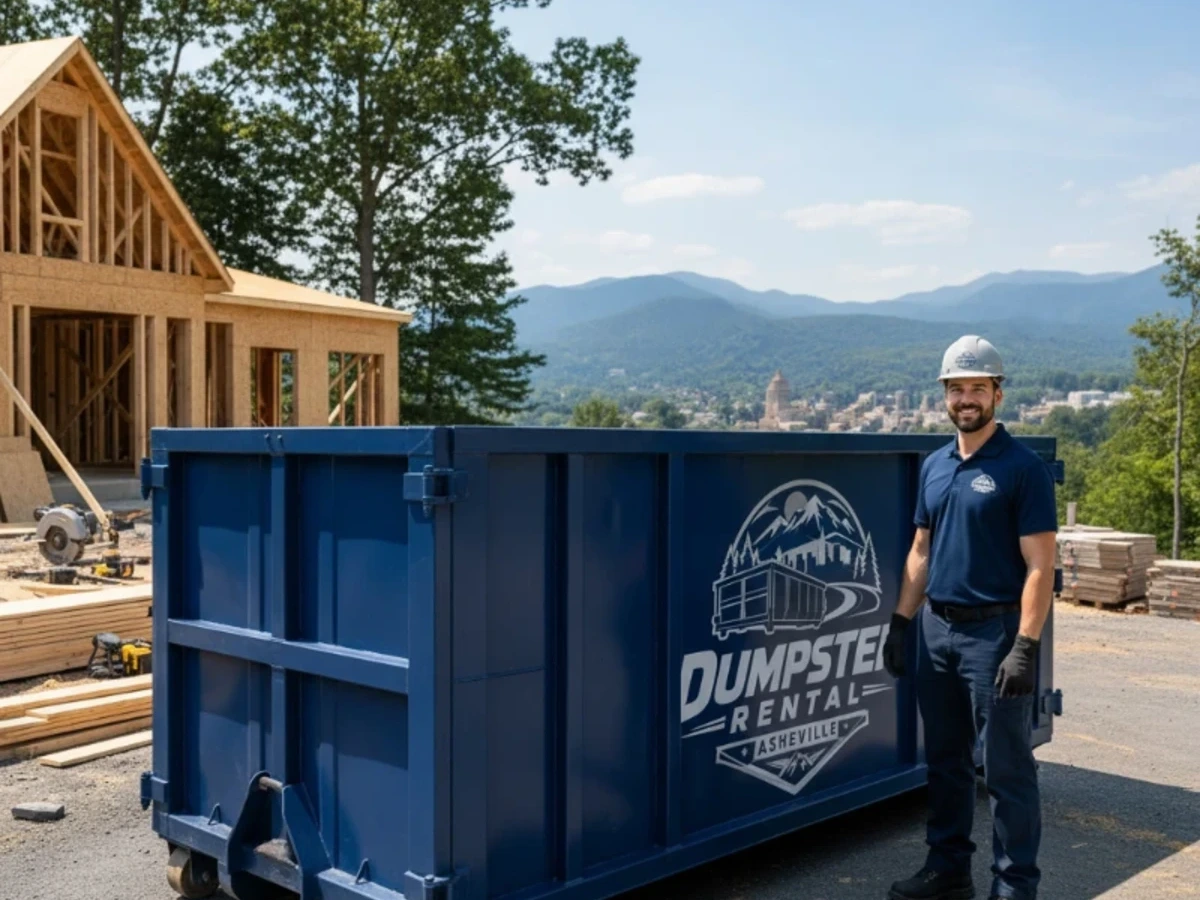 Construction dumpster on an active job site in Asheville NC