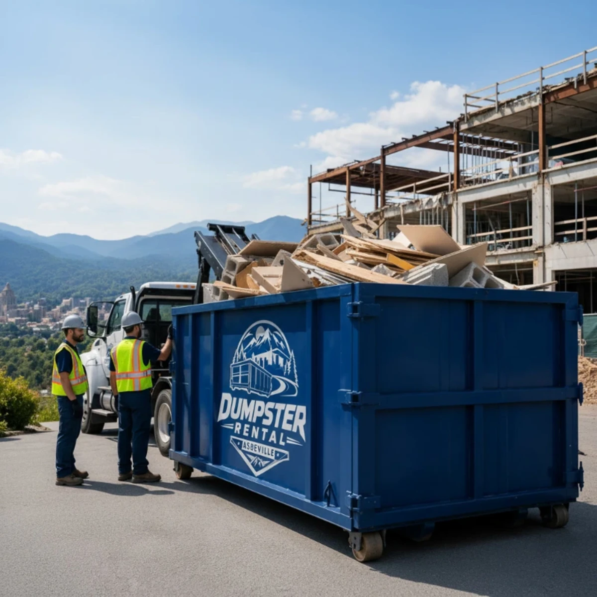 Household debris loaded into an Asheville rental dumpster
