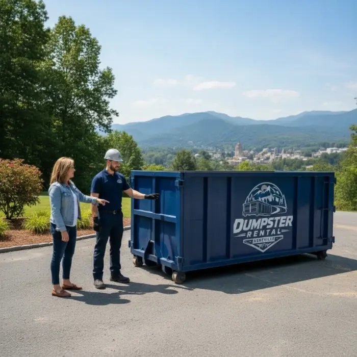 Roll-off dumpster delivered and ready to load at an Asheville home