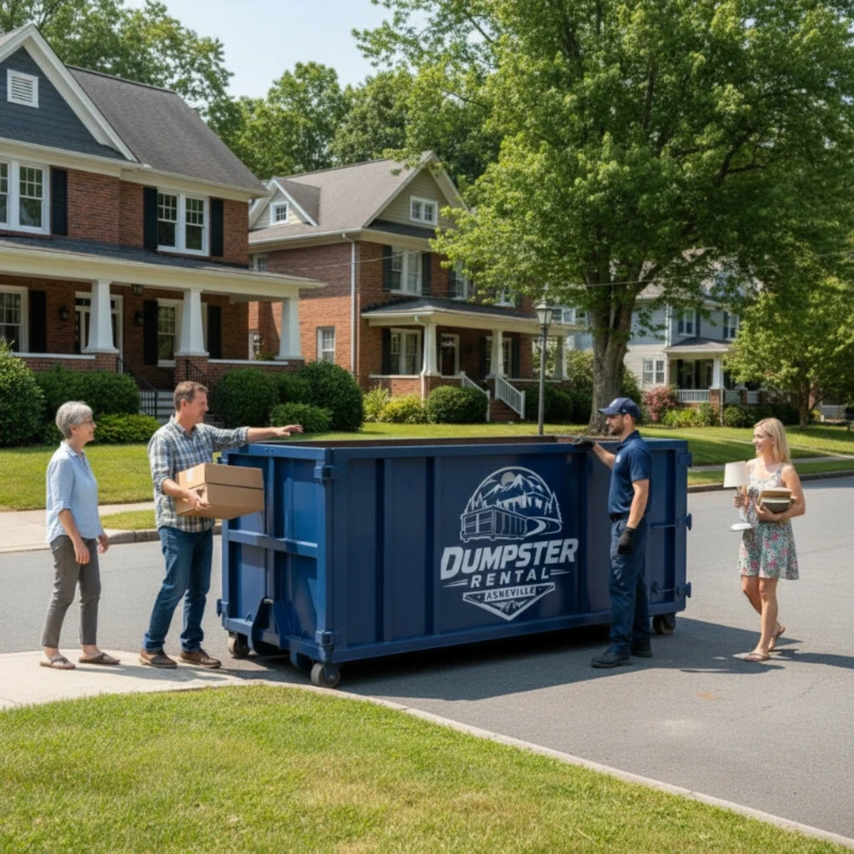 Dumpster sitting in an Asheville driveway, ready for a weekend cleanout