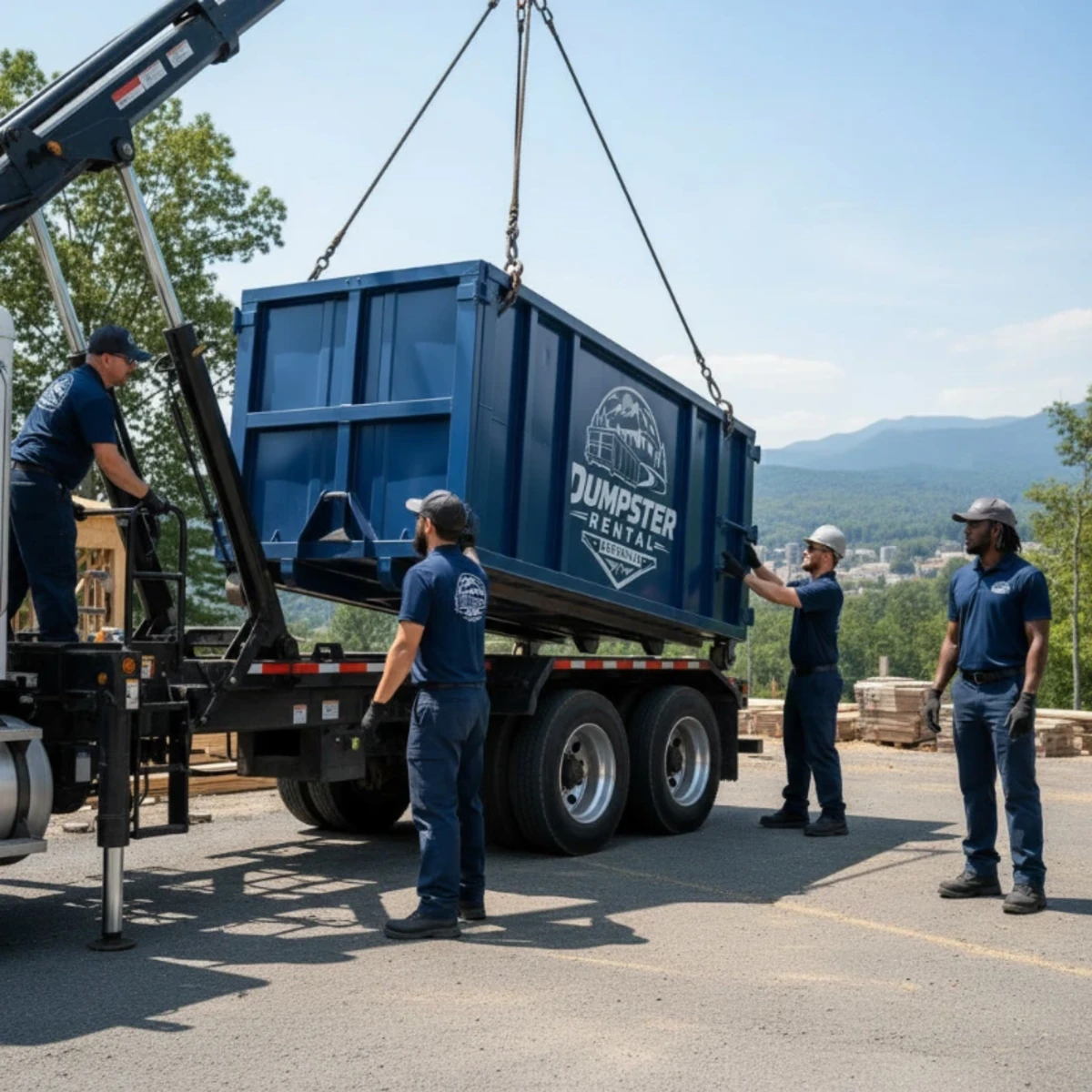 Roll-off dumpster in an Asheville neighborhood street