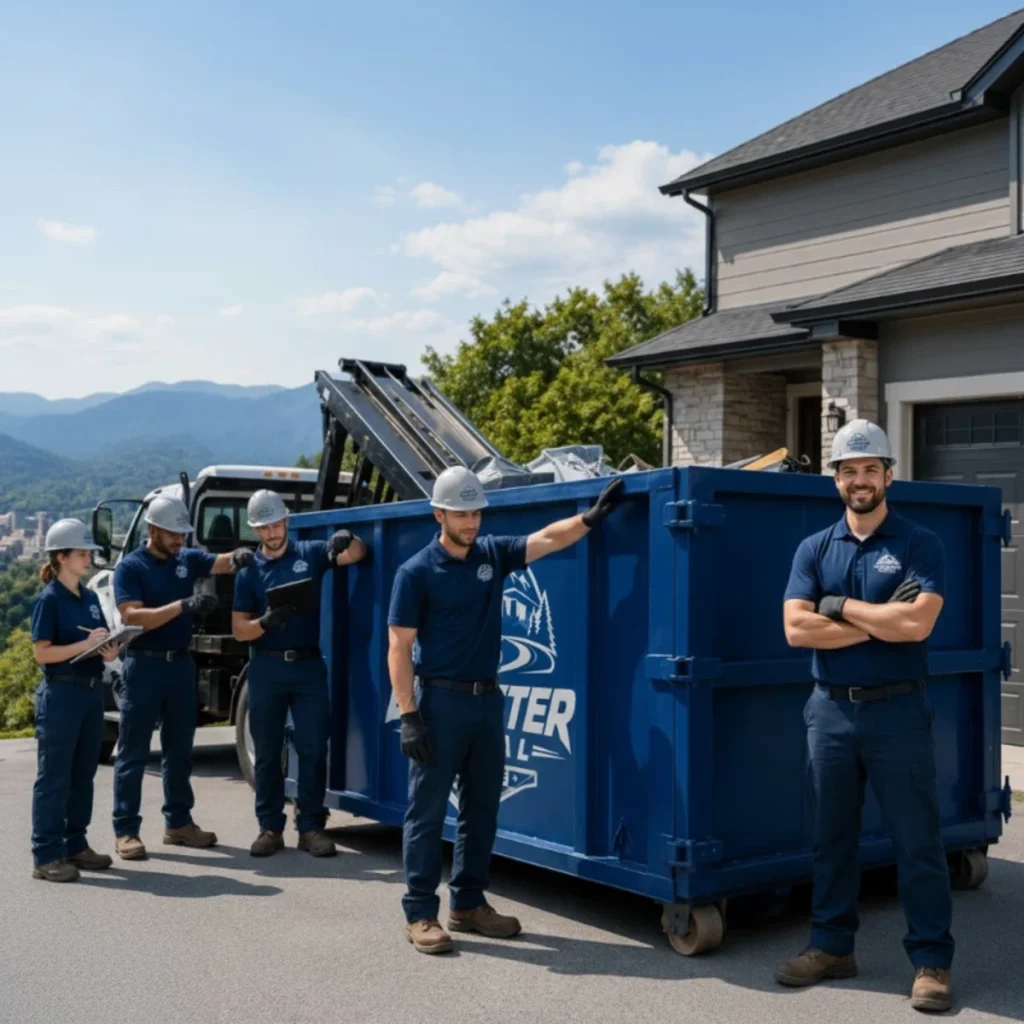 Delivery crew beside a blue roll-off dumpster — dumpster rental serving Waynesville, NC